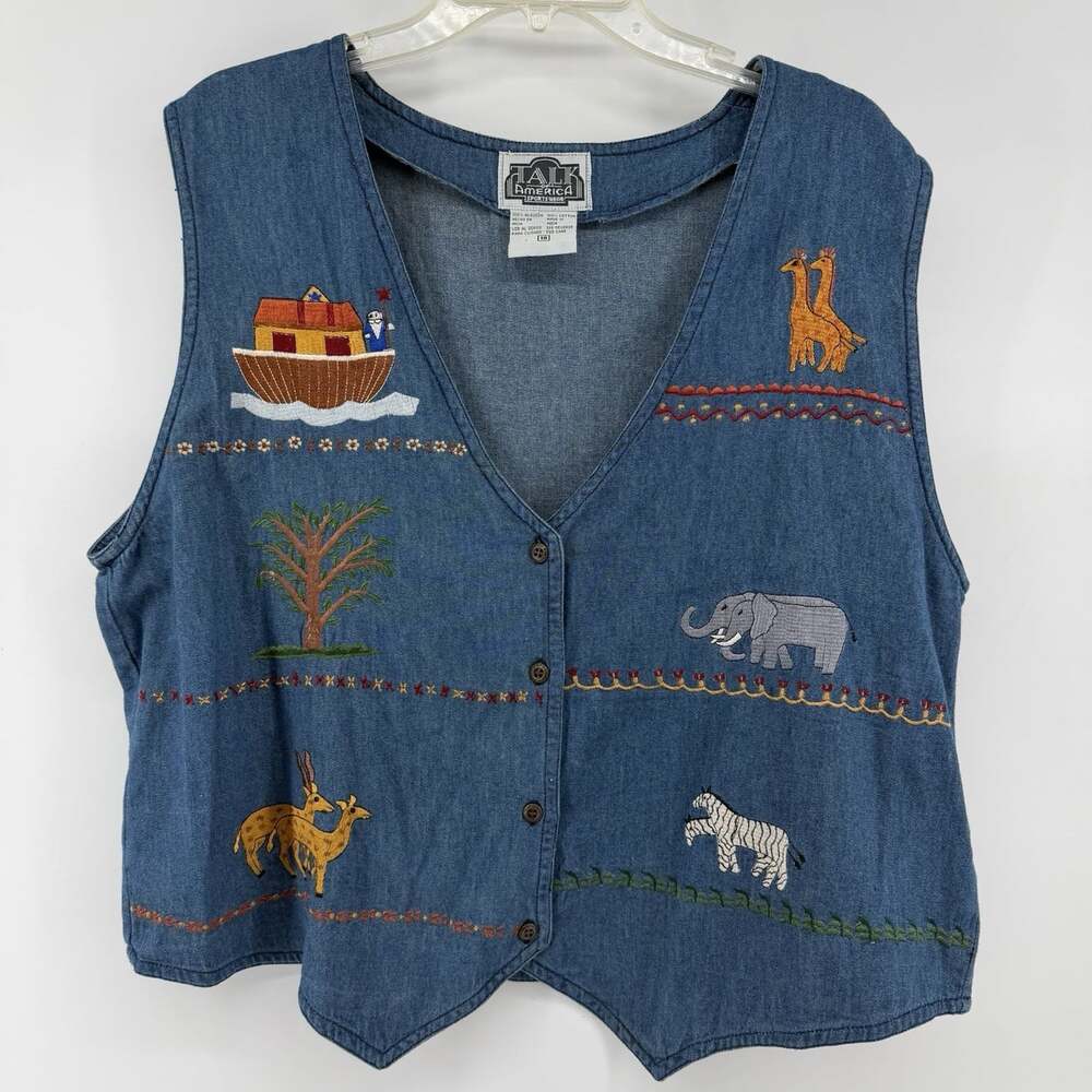 Talk America Denim Vest Women Size 18 Embroidered Animals Noah's Ark Novelty